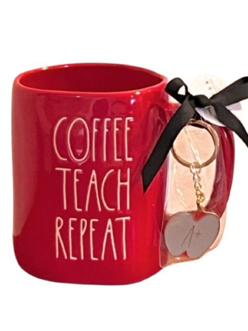 🆕- Rae Dunn- "Coffee Teach Repeat" Ceramic Mug w/ Keychain- Teacher Gift